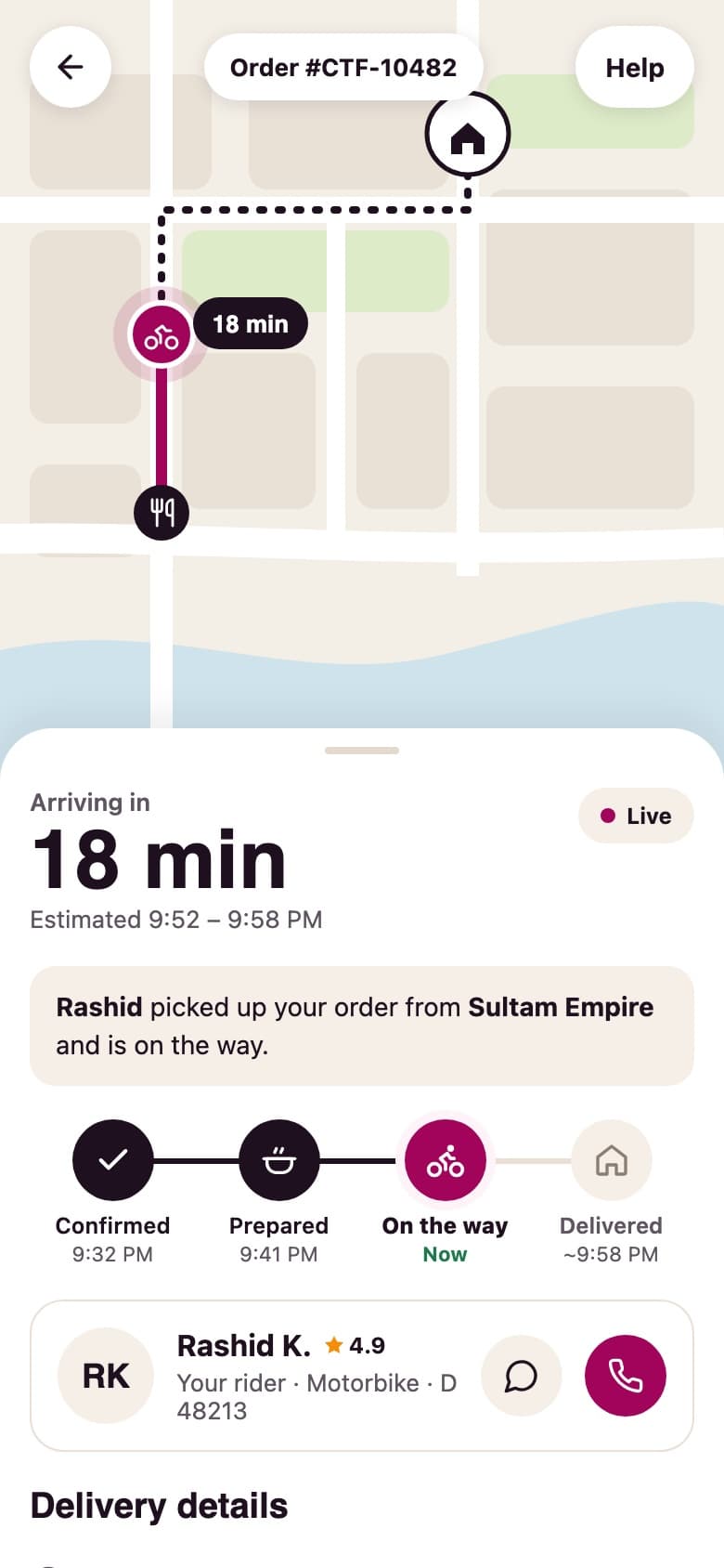 Click To Food live order tracking with rider ETA and delivery progress