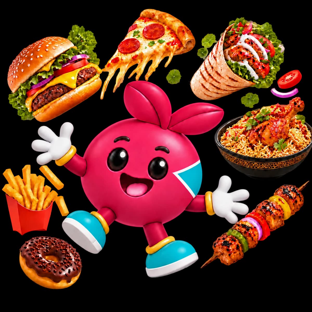 Click To Food’s pink mascot surrounded by burgers, pizza, wraps and fresh meals
