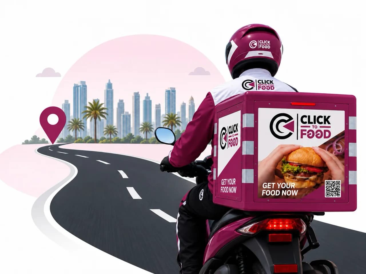 A Click To Food rider with a branded delivery box beside a city road